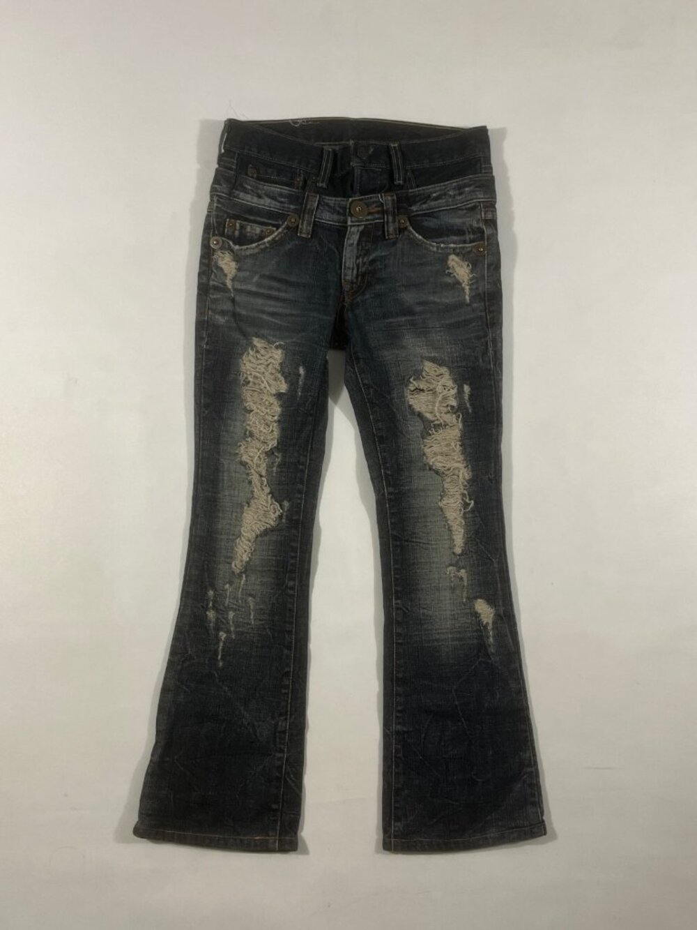 Y2K Distressed Low Rise Flare Jeans Dark Wash Faux Leather Flap Pocket